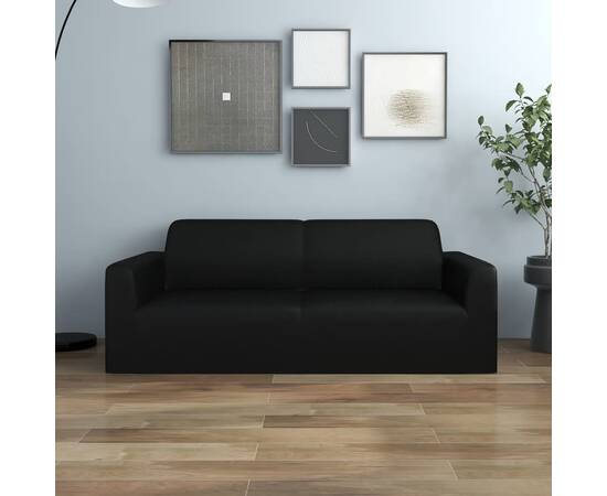 Husă elastică pentru canapea cu 2 locuri negru poliester jerseu