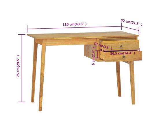 Birou cu 2 sertare, 110x52x75 cm, lemn masiv de tec, 8 image