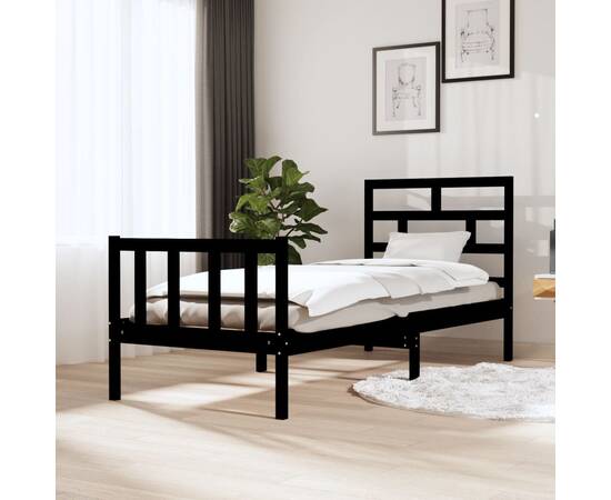 Cadru pat small single 2ft6, negru, 75x190 cm, lemn masiv pin