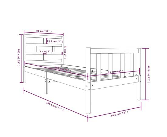 Cadru pat small single 2ft6, negru, 75x190 cm, lemn masiv pin, 9 image