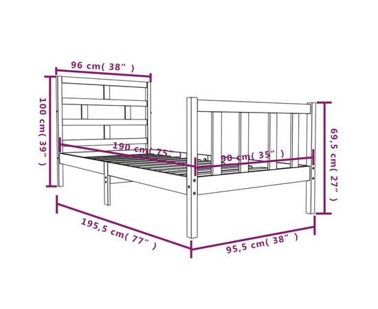 Cadru de pat single 3ft, negru, 90x190 cm, lemn masiv de pin, 9 image