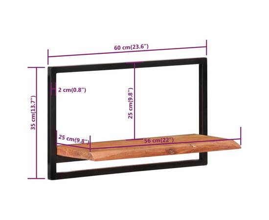 Rafturi de perete 2 buc. 60x25x35 cm lemn masiv acacia/oțel, 7 image