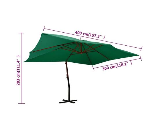 Umbrelă suspendată cu stâlp din lemn, verde, 400x300 cm, 8 image