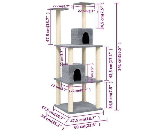 Ansamblu pisici, stâlpi din funie sisal, gri deschis, 141 cm, 8 image