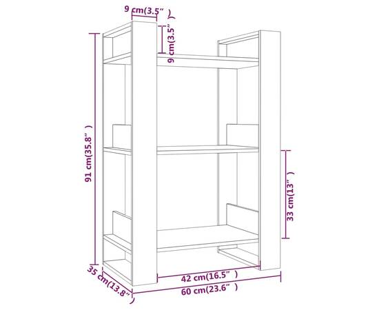 Bibliotecă/separator cameră, gri, 60x35x91 cm, lemn masiv pin, 8 image