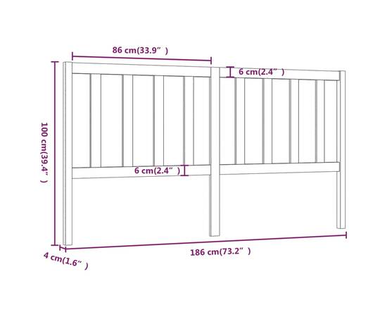 Tăblie de pat, negru, 186x4x100 cm, lemn masiv de pin, 6 image