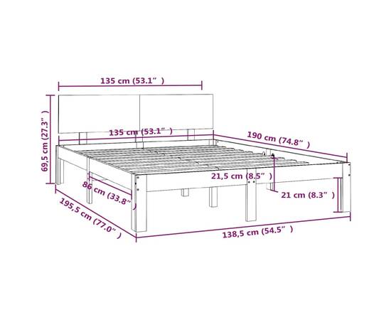 Cadru de pat dublu 4ft6, alb, 135x190 cm, lemn masiv, 8 image