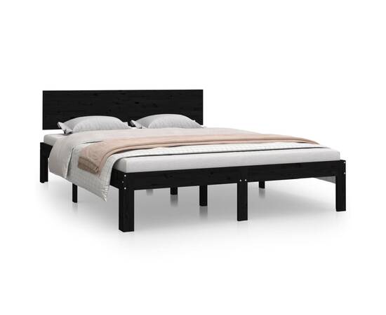 Cadru de pat king size 5ft, negru, 150x200 cm, lemn masiv, 2 image