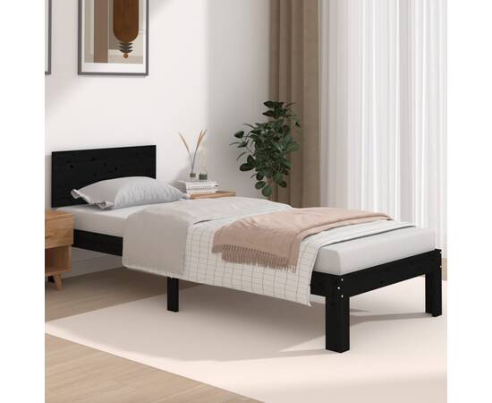 Cadru de pat mic single 2ft6,negru, 75x190 cm, lemn masiv