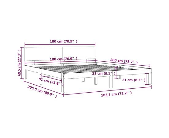 Cadru de pat super king 6ft, 180x200 cm, alb, lemn masiv pin, 8 image