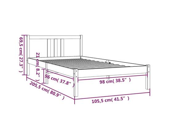 Cadru de pat, gri, 100x200 cm, lemn masiv de pin, 9 image