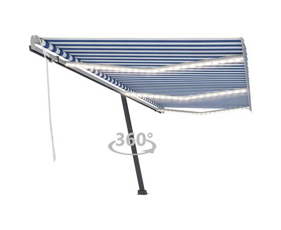 Copertină retractabilă manual, led, albastru și alb, 600x350 cm