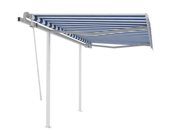 Copertină retractabilă manual cu stâlpi, albastru/alb, 3x2,5 m