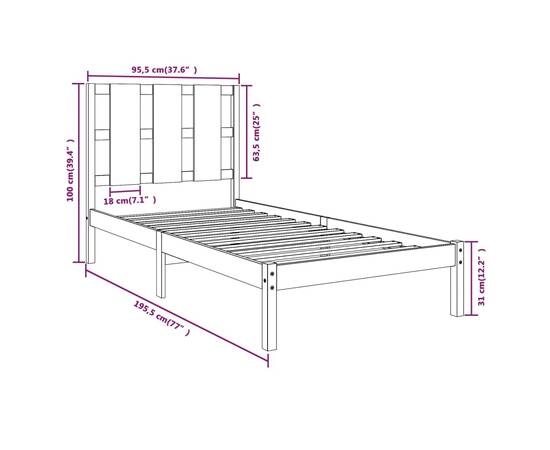 Cadru de pat single 3ft, negru, 90x190 cm, lemn masiv, 6 image