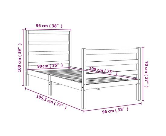 Cadru de pat single 3ft, alb, 90x190 cm, lemn masiv de pin, 6 image