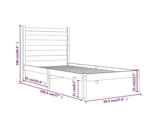 Cadru de pat single 3ft, alb, 90x190 cm, lemn masiv de pin, 6 image