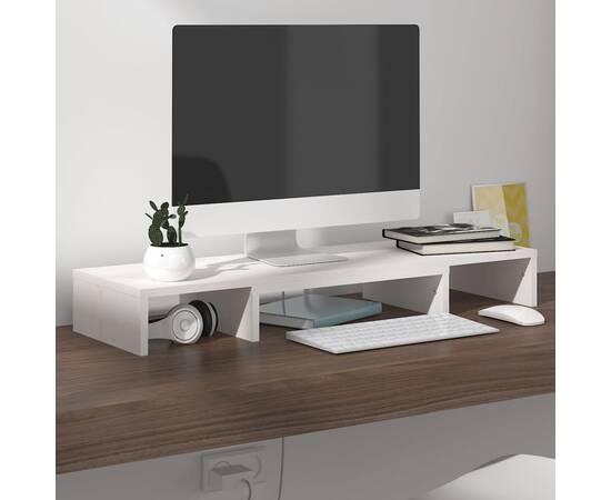 Stand pentru monitor, alb, 80x24x10,5 cm, lemn masiv de pin, 9 image
