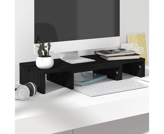 Stand pentru monitor, negru, 60x24x10,5 cm, lemn masiv de pin, 9 image