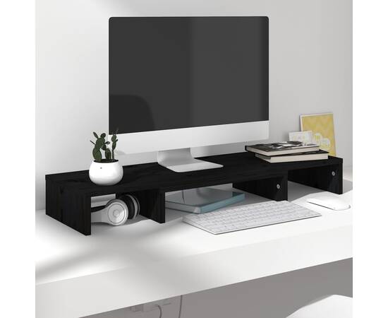 Stand pentru monitor, negru, 80x24x10,5 cm, lemn masiv de pin, 9 image