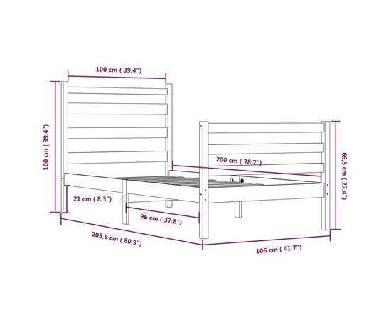 Cadru de pat, 100x200 cm, lemn masiv de pin, alb, 6 image