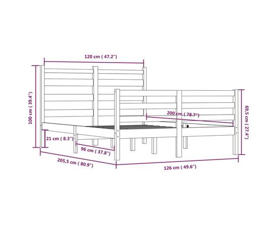 Cadru de pat, 120x200 cm, lemn masiv de pin, negru, 6 image