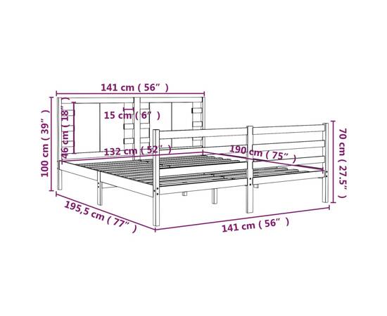 Cadru de pat dublu 4ft6, alb, 135x190 cm, lemn masiv de pin, 5 image