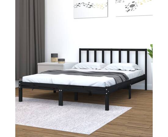 Cadru pat 5ft king size, negru, 150x200 cm, lemn masiv de pin