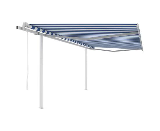 Copertină retractabilă automat, cu stâlpi, albastru&alb 4,5x3 m