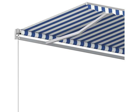 Copertină retractabilă automat, cu stâlpi, albastru&alb 4,5x3 m, 6 image