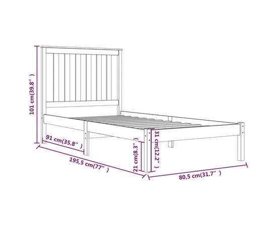 Cadru de pat 2ft6 small single, alb, 75x190 cm, lemn masiv pin, 6 image