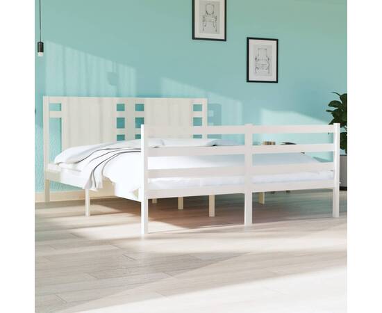 Cadru pat 5ft king size, alb, 150x200 cm, lemn masiv de pin