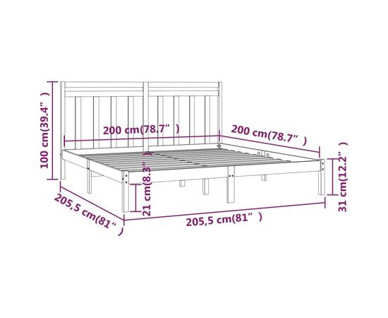 Cadru de pat, gri, 200x200 cm, lemn masiv, 6 image