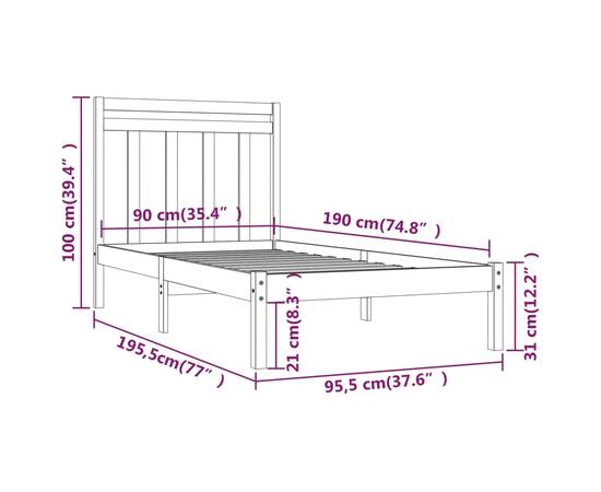 Cadru de pat pentru o persoană 3ft, alb, 90x190 cm, lemn masiv, 6 image