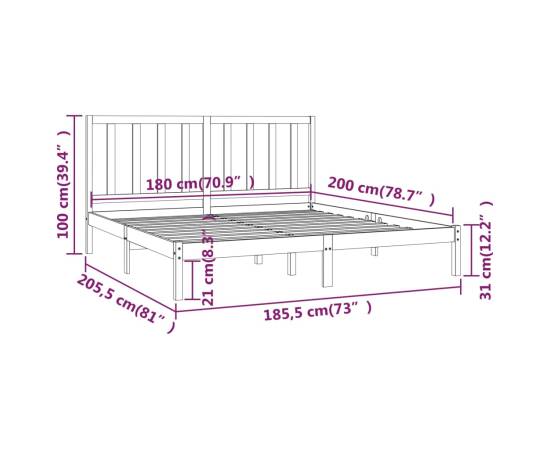 Cadru de pat super king 6ft, gri, 180x200 cm, lemn masiv de pin, 6 image