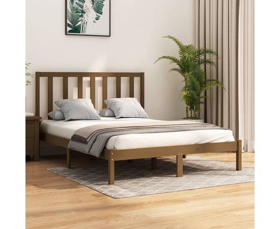 Cadru pat small double 4ft, maro miere, 120x190 cm, lemn masiv