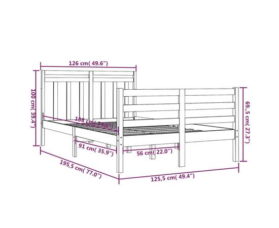 Cadru pat small double 4ft, maro miere, 120x190 cm, lemn masiv, 6 image