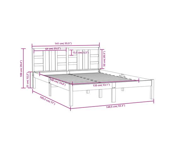 Cadru de pat dublu 4ft6, alb, 135x190 cm, lemn masiv, 6 image