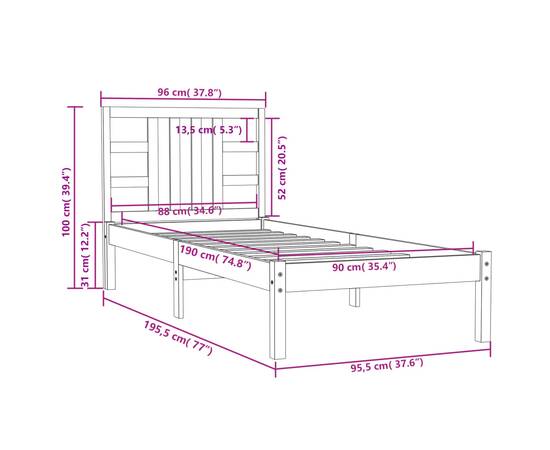 Cadru de pat single 3ft, 90x190 cm, lemn masiv, 6 image