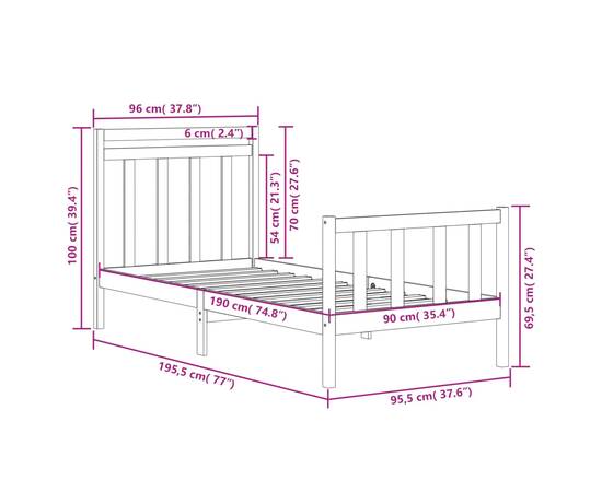 Cadru de pat single 3ft, negru, 90x190 cm, lemn masiv, 6 image