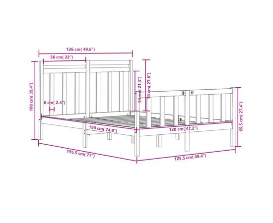 Cadru de pat small double 4ft, alb, 120x190 cm, lemn masiv, 6 image