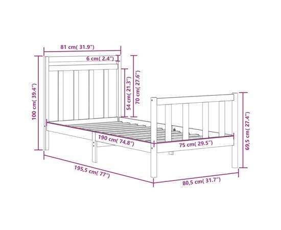 Cadru de pat small single 2ft6, negru, 75x190 cm, lemn masiv, 6 image