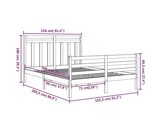 Cadru pat 5ft king size, alb, 150x200 cm, lemn masiv, 6 image