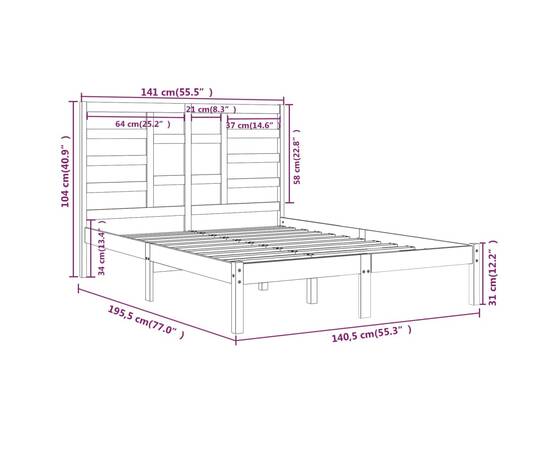 Cadru de pat dublu 4ft6, gri, 135x190 cm, lemn masiv, 6 image