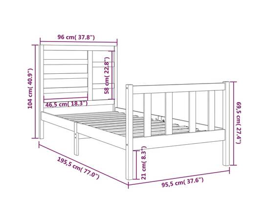 Cadru de pat single 3ft, 90x190 cm, lemn masiv, 6 image