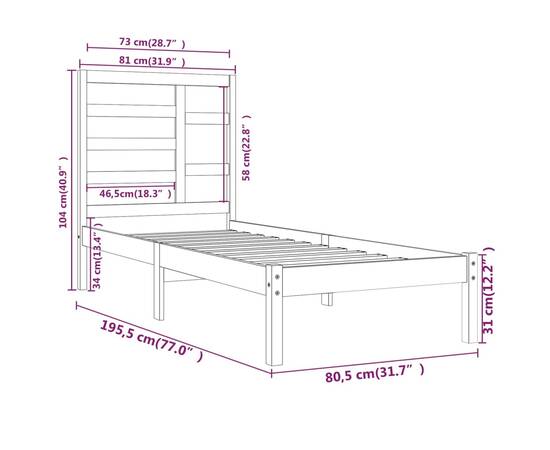 Cadru de pat small single 2ft6, negru, 75x190 cm, lemn masiv, 6 image