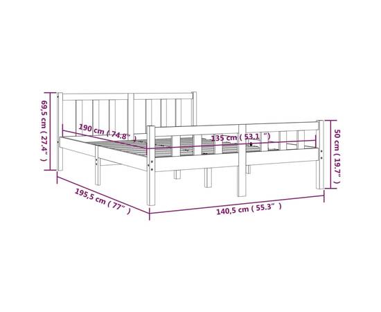 Cadru de pat dublu 4ft6, alb, 135x190 cm, lemn masiv, 9 image