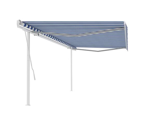 Copertină retractabilă manual cu stâlpi, albastru/alb 5x3,5 m