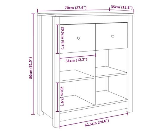 Servantă, alb, 70x35x80 cm, lemn masiv de pin, 9 image