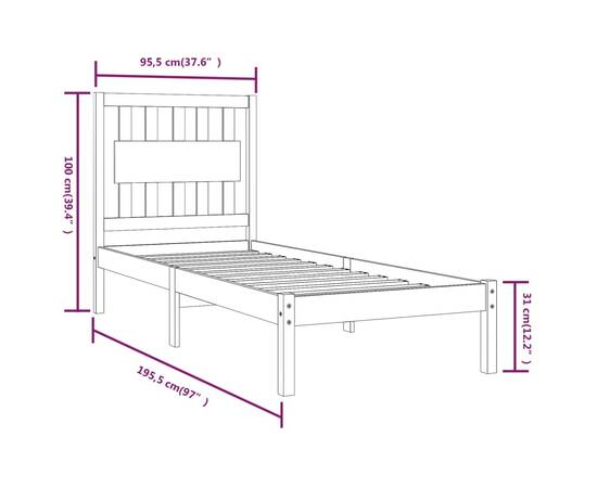 Cadru de pat single 3ft, 90x190 cm, lemn masiv de pin, 6 image