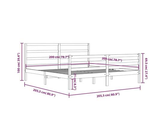 Cadru de pat, negru, 200x200 cm, lemn masiv de pin, 6 image